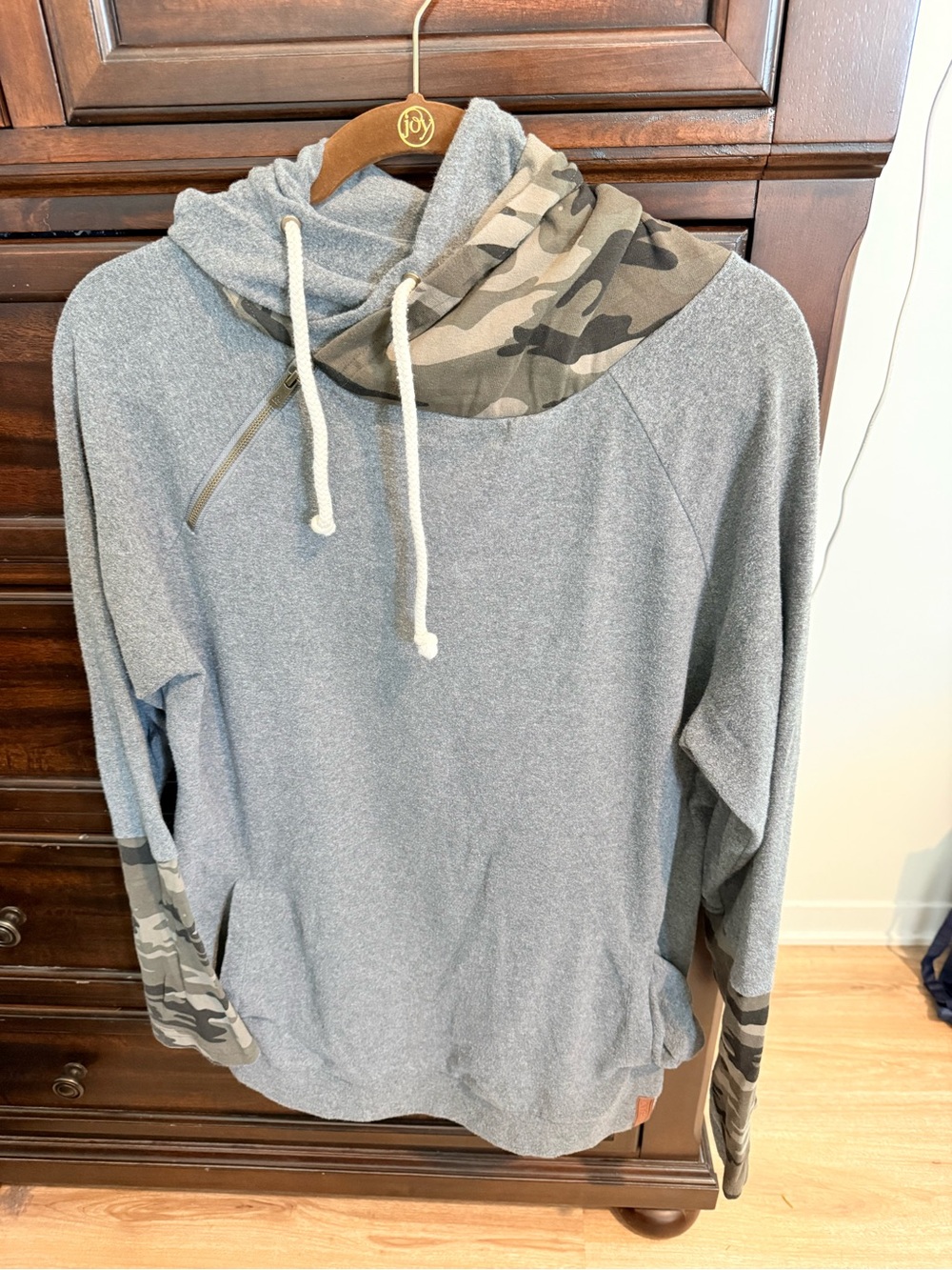 Women's Gray Crewneck Hoodie with Camo Trim